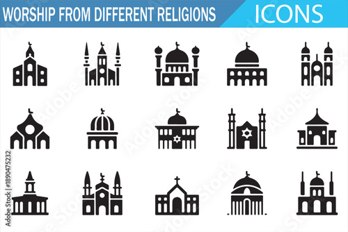 Religious Architecture Icons Collection in Black Solid Silhouette Style