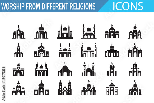 World Religion Symbols Icons Featuring Diverse Worship Buildings
