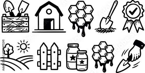 Hand drawn black and white vector icons of gardening trowels honeycomb dripping honey farm tools and jars farm landscape and award emblem