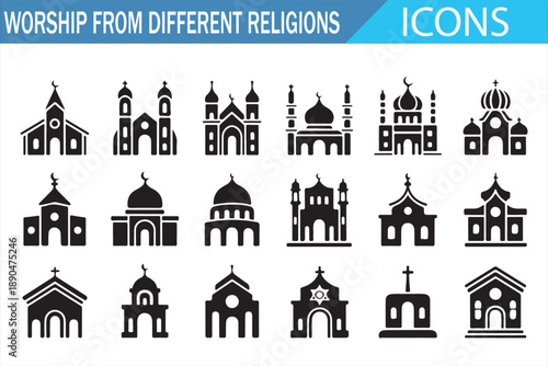 Global Religion Worship Icons in Minimal Black Solid Vector Design