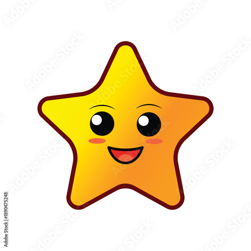 Cheerful golden star character with cute facial expression. complete with a cute, smiling face and rosy cheeks, all set against a clean, white backdrop.