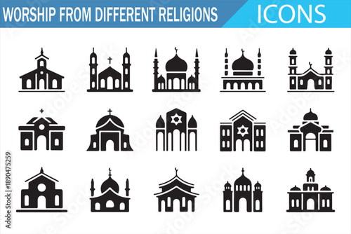 Worship Icons from Different Religions Featuring Church Mosque Temple Synagogue Pagoda Cathedral Chapel and Sacred Buildings in Black Solid Vector Style