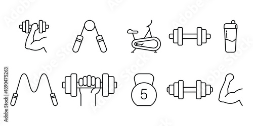 set of gym and fitness icons in outline style. Fitness equipment outline icon set. Dumbbell, kettlebell, exercise bike, sport symbols. Gym and workout tools collection.