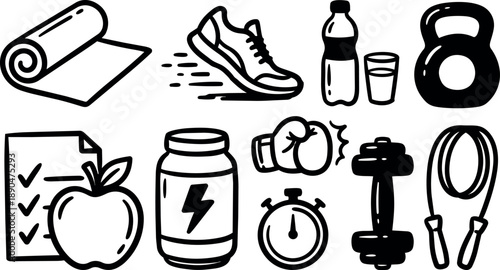 Black and white vector icons showing fitness equipment including running shoe, kettlebell, dumbbell, boxing gloves, jump rope, stopwatch, water bottle and apple checklist
