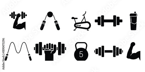 set of gym and fitness icons in black silhouette style. Fitness equipment icon set. Dumbbell, kettlebell, exercise bike, sport symbols. Gym and workout tools collection. Vector illustration.