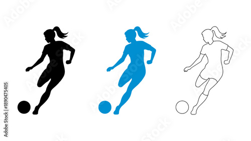 Collection of dynamic female soccer player icons in various styles, including silhouette and outline