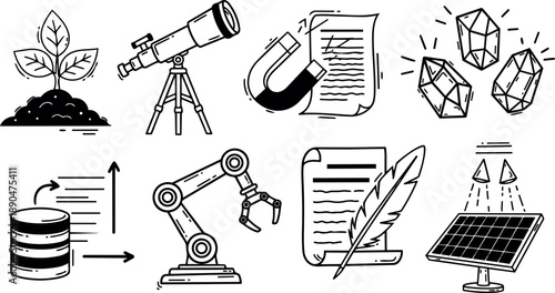 Line art vector icons plant sprout telescope magnet attracting paper robotic arm feather quill scroll crystals solar panel