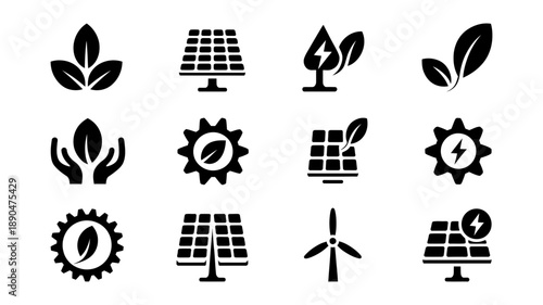 Collection of diverse black icons representing renewable energy, sustainability, and eco-friendly solutions