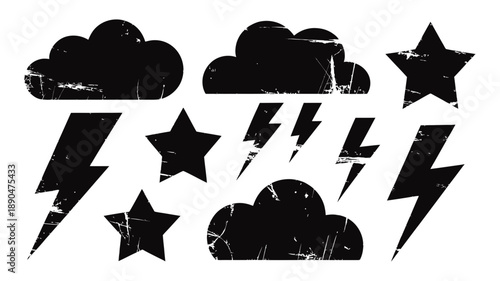 Distressed grunge weather and celestial vector icons set for storm and night sky designs