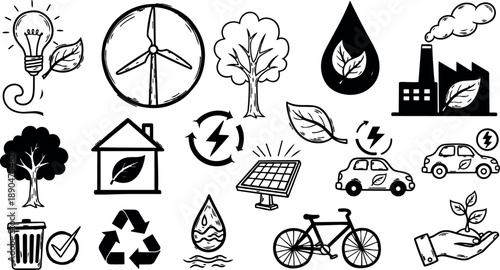 Hand drawn eco friendly icons including electric car, recycling, solar panel, wind turbine, water drop, green factory, and sustainable energy concepts