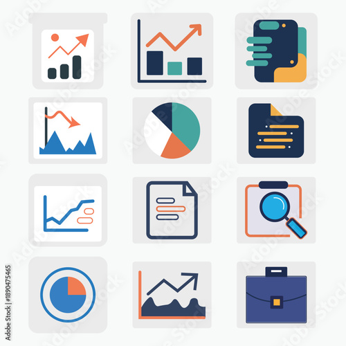 Wallpaper Mural Set of flat business and financial management icons including growth charts, pie graphs, and data analysis elements on a clean background Torontodigital.ca