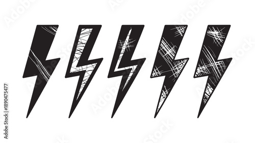 Distressed black lightning bolt set: grunge electric symbol vector illustration