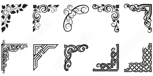 Decorative vintage corner frame ornament border set with classic floral style vector illustration isolated for invitation certificate and branding use