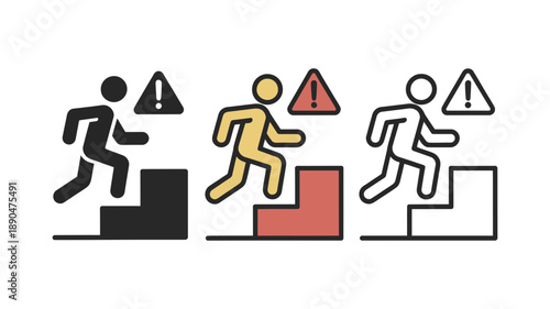 Person ascending stairs with a warning sign icon set illustrating caution and danger
