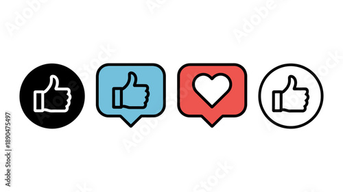 Social media feedback and engagement icons set showing likes and love