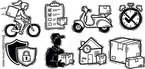 Black and white line art delivery icons featuring courier on bike and scooter holding packages with stopwatch and secure shield symbols