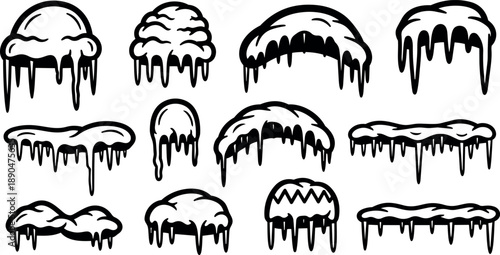Black and white vector set of dripping icicles and snow caps various shapes and sizes isolated on white background