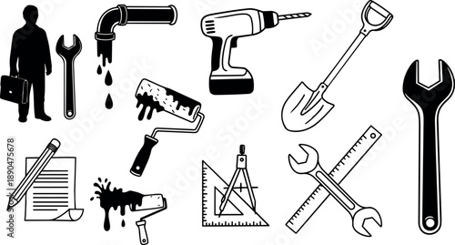 Black and white vector art of silhouette businessman wrench dripping pipe paint roller drill shovel and drawing tools icons isolated on white background