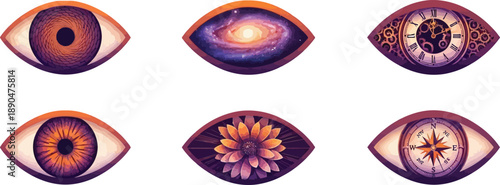 Collection of six artistic eyes with different unique pupils including galaxy, clock, flower, and compass