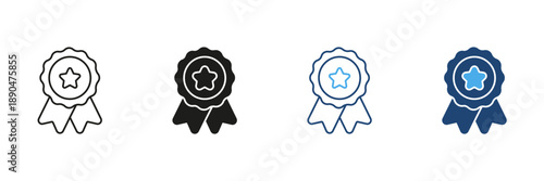 Award Ribbon With Star Line And Solid Icon Set. Achievement, Excellence, And Recognition Outline And Silhouette Symbol Collection. Certification And Honor Icon. Isolated Vector Illustration
