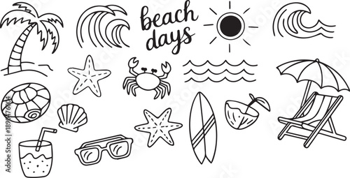 Beach Doodle Set Summer Vacation Hand Drawn Sea Travel Elements Collection Vector