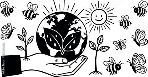 Hand holding earth with leaves symbol and surrounded by bees butterflies sun and plant sprouts black line art eco friendly concept