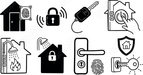Black and white vector icons set of home security access fingerprint lock smart key door handle and fire alarm system panel symbols