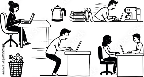 Black and white vector art of office workers using laptops seated and standing with coffee machine and trash bin minimal design