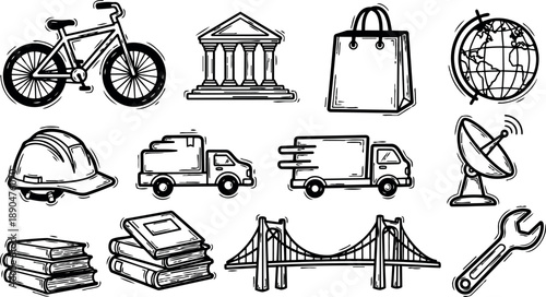 Black line art collection of transportation, architecture, communication, and education icons in hand drawn vector style with detailed sketches
