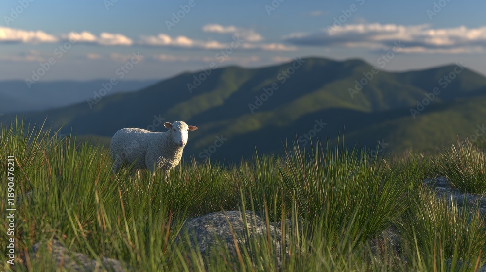 Fototapeta premium Sheep graze peacefully in grassy hills under a blue sky, moutains afar