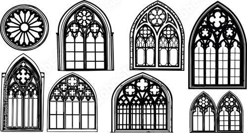 Detailed gothic style black and white stained glass window vector set with various arch shapes and intricate tracery designs isolated on white background