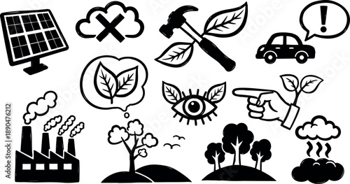 Black and white environmental vector icons featuring solar panel, factory smoke, green leaves, pointing hand and car warning sign