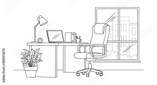 Modern office workspace with desk, chair, and laptop isolated PNG with Transparent Background