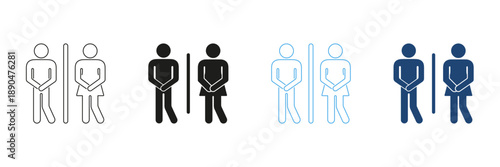 Restroom Urgency Line And Solid Icon Set. Male And Female Bathroom Emergency Symbols Outline And Silhouette Symbol Collection. Public Toilet Signage. Isolated Vector Illustration