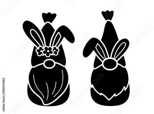 Silhouette of Cute Easter gnome characters with bunny ear  black  design set.
Transparent background. SVG.