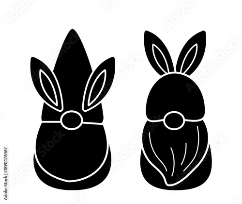 Silhouette of Cute Easter gnome characters with bunny ear  black  design set.
Transparent background. SVG.
