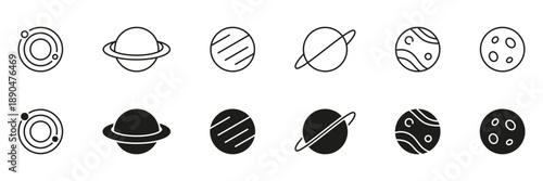Planetary And Celestial Bodies Line And Solid Icon Set. Astronomy, Space Exploration, And Solar System Outline And Silhouette Symbol Collection. Editable Stroke. Isolated Vector Illustration