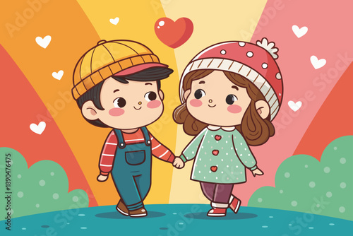 Crisp Cartoon Couple Holding Hands With Shy Expre Professional Photo