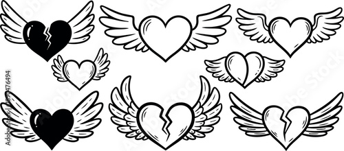 Black and white winged hearts vector set with broken and whole hearts in outline style various sizes and shapes