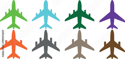 Airplane Icon Set Color Aircraft Top View Flight Travel Aviation Vector Collection