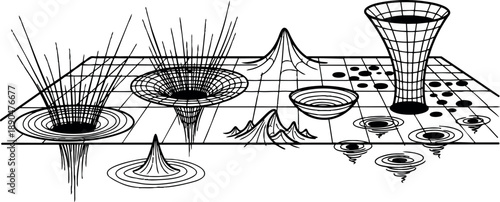 Black and white scientific vector art depicting gravitational fields and spacetime warps in conceptual physics visualization diagram