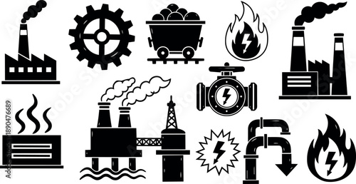 Black silhouette flat design industrial factory and mining icons with gears coal cart pipes and fire symbols