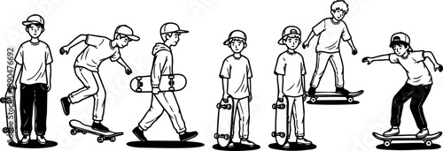 Black and white line art series showing young boy in cap performing various skateboarding moves and walking with skateboard side view