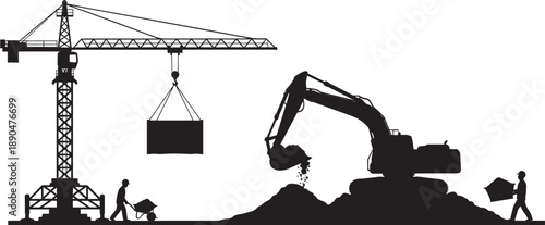 Black and white silhouettes of heavy construction machinery including tower cranes and excavators with industrial workers operating on site for building and infrastructure development projects.