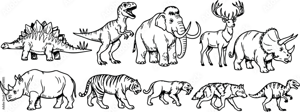 Naklejka premium Black and white line art collection of prehistoric and wild animals including mammoth, rhinoceros, deer, tiger, wolf and dinosaurs in side profile