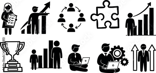 Business success concept icons showing achievement growth trophy teamwork productivity leadership charts and strategy symbols in black silhouette