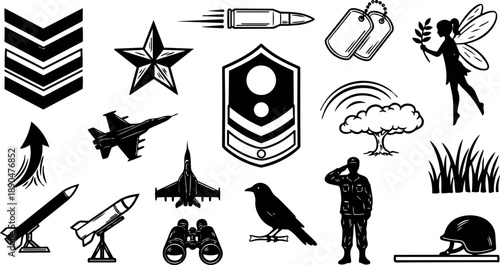 Black and white military symbols set with fighter jets, missiles, soldier saluting, dog tags, fairy silhouette, and nature elements flat design icons