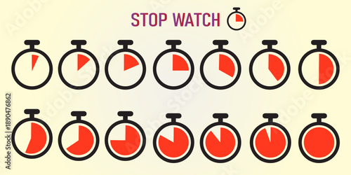 Stopwatch icons set showing time intervals and countdown progress, flat vector illustration.
