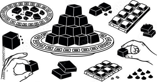 Black and white vector art showing piled sugar cubes on plates with broken chocolate pieces and hands holding sugar cubes from close up view
