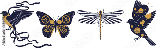 Creative bird and insect vector art collection featuring nature, fantasy, and steampunk elements on transparent background
